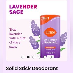 LUME Solid Stick Whole Body Deodorant. *NEW! Lavender Sage Scent. Aluminum Free